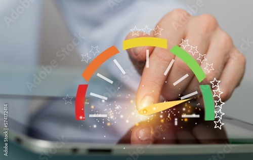 Canvas Print Customer concept. Person using digital tablet with rating scale