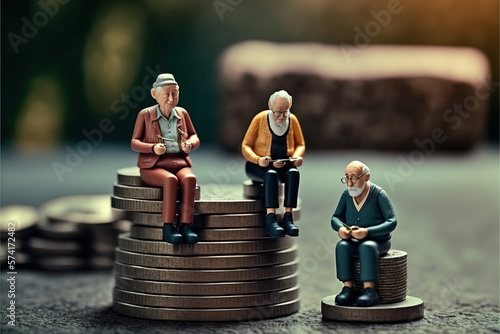 Miniature people: Elderly people sitting on coins stack. social security income and pensions. Money saving and Investment. Time counting down for retirement concept