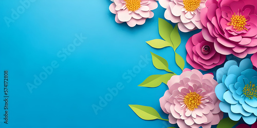 flowers on blue background, copy space for text, illustration, Generative, AI © pattozher