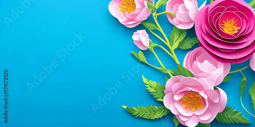 flowers on blue background, copy space for text, illustration, Generative, AI