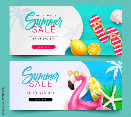 Summer sale vector banner set. Summer sale text up to 50% off with flamingo and fruits element seasonal background. Vector illustration summer sale banner collection.
