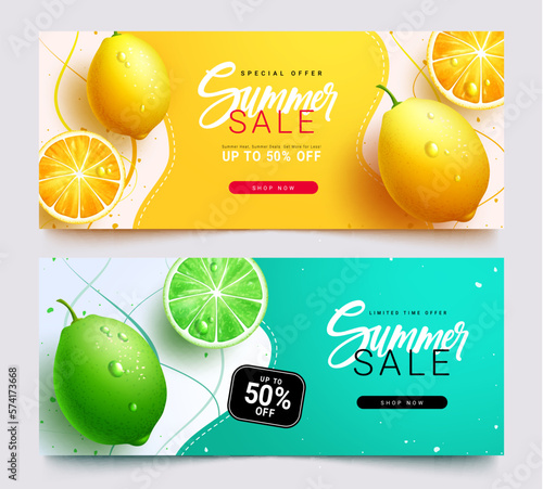 Summer sale vector banner set. Summer sale text with special and limited offer up to 50% off promo discount. Vector illustration summer holiday background collection.
