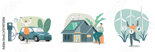 Set of sustainable, Environmental care and use clean green energy, Electric car charging station, 
Modern ecology house and solar energy, Wind turbines generate electricity. Vector illustration.

