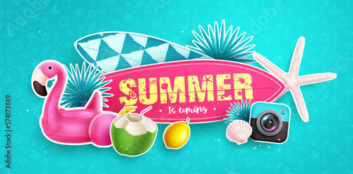 Summer vector background design. Summer is coming text in surfboard paper cut element for tropical holiday season. Vector illustration summer paper cut design.
