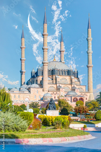 Canvas Print Selimiye Mosque with crescent moon (new moon) - Edirne, Turkey