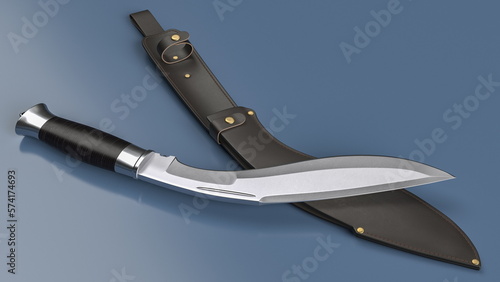 Fotografía Kukri knife and leather scabbard lying on a grey plane