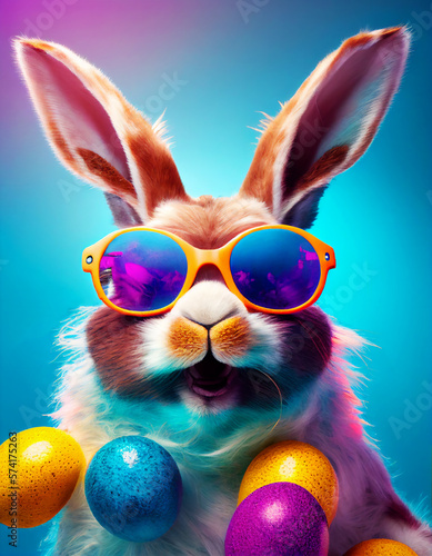Funny bunny on blue background with easter eggs around. Generative ai