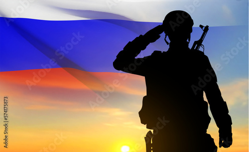 Silhouette of russian soldier on background of sunset and Russian flag. Military recruitment concept. EPS10 vector