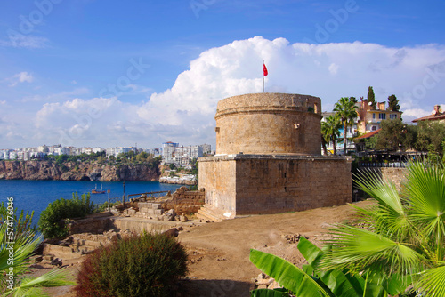 View of the ancient tower in the city of Antalya in Turkey.