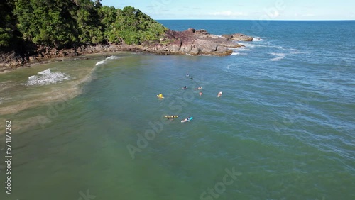 Aerial view of Engenhoca beach, in Itacare, Bahia, Brazil. Blue sky with clouds and forest. photo