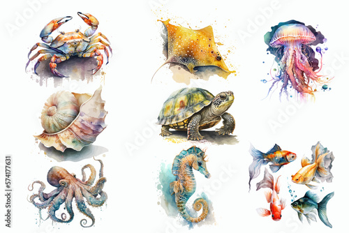 Set turtle, fishes, stingray, octopus, crab, jellyfish, seahorse, seashells in 3d style. Isolated vector illustration