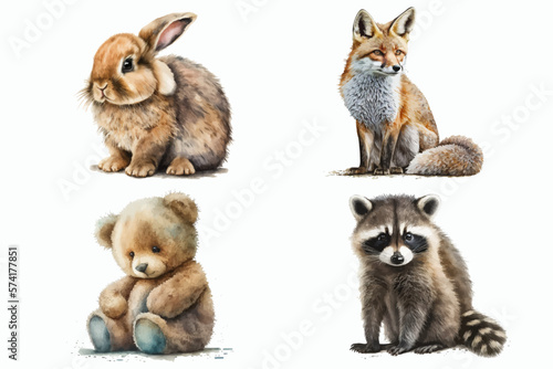 Set with teddy bear, rabbit, raccoon and fox in 3d style. Isolated vector illustration