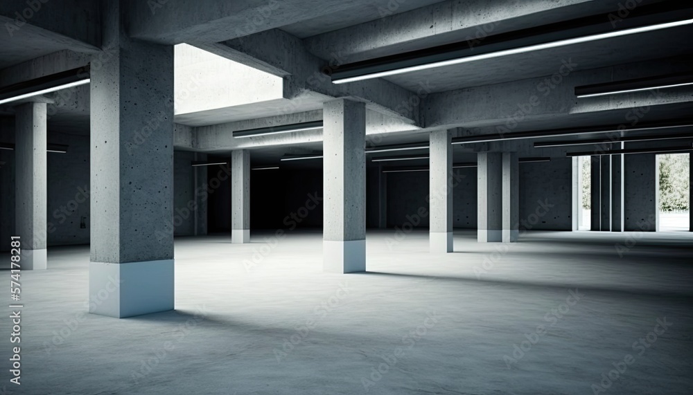Front view of new empty underground parking with concrete columns, shiny asphalt, and nobody inside. Generative ai Front view of new empty underground parking with concrete columns, shiny asphalt, and nobody inside. Generative ai
