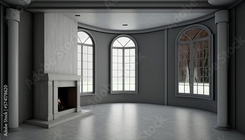 Light empty room interior with fireplace  panoramic window  and column. Generative ai
