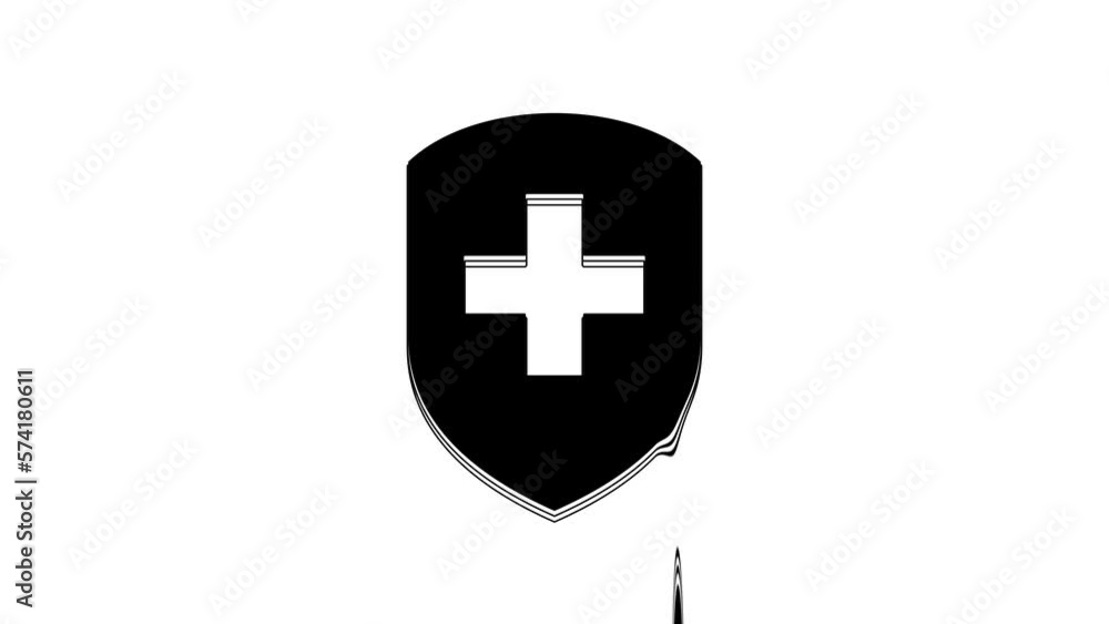 Black Medical shield with cross icon isolated on white background. Protection, safety, password security. 4K Video motion graphic animation Black Medical shield with cross icon isolated on white background. Protection, safety, password security. 4K Video motion graphic animation