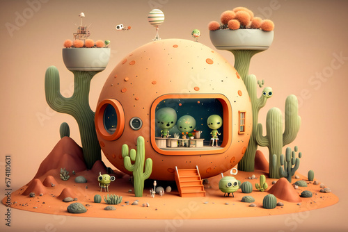 Cute tiny aliens and alien house. Created with Generative AI technology.