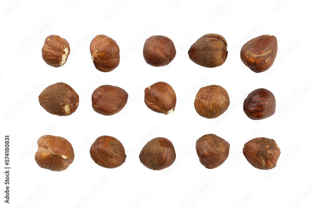 dried hazelnuts with rough brown crust without shell, top view, transparent background / flat lay dried hazelnuts with rough brown crust without shell, top view, transparent background / flat lay