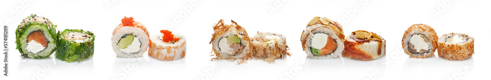 Sushi collection, on a white background. Delicious seafood dish with fresh produce and rice on a white background, symbolising healthy eating and wellbeing. Japanese food. Sushi collection, on a white background. Delicious seafood dish with fresh produce and rice on a white background, symbolising healthy eating and wellbeing. Japanese food.