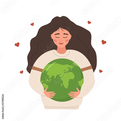 Happy Earth day. Smiling girl holding Planet with care and love. Caring for Nature and environment. Concept of ecological awareness. Vector illustration in flat cartoon style.