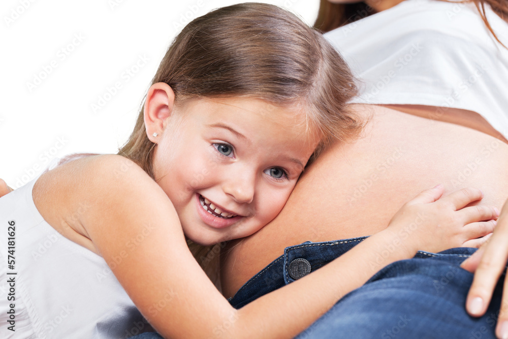 Beautiful pregnant woman with her daughter. Isolated on background Beautiful pregnant woman with her daughter. Isolated on background
