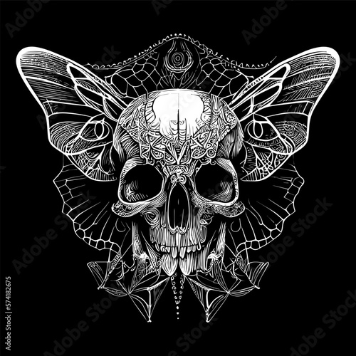 This tattoo features a skull with delicate butterfly wings, representing transformation and the fleeting nature of life. A fusion of beauty and death
