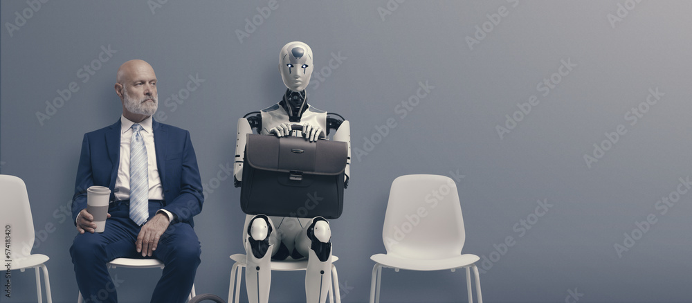 Man and AI robot waiting for a job interview - obrazy, fototapety, plakaty 