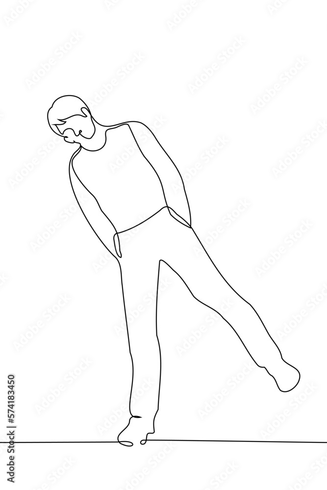 man stands on one leg leaning to the side with his hands in his pockets - one line drawing vector. concept of balancing on one leg, bending over informally to look at something man stands on one leg leaning to the side with his hands in his pockets - one line drawing vector. concept of balancing on one leg, bending over informally to look at something