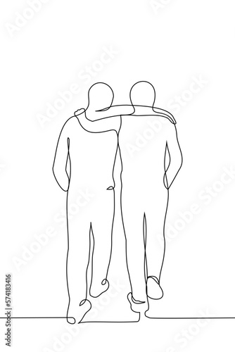 two friends walking hugging their shoulders - one line drawing vector. concept of going away or walking together with best friend, best friends together