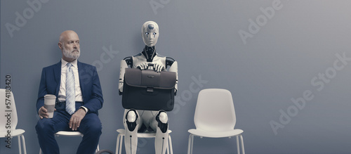 Leinwand Poster Man and AI robot waiting for a job interview