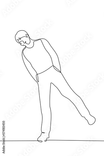 man stands on one leg leaning to the side with his hands in his pockets - one line drawing vector. concept of balancing on one leg, bending over informally to look at something