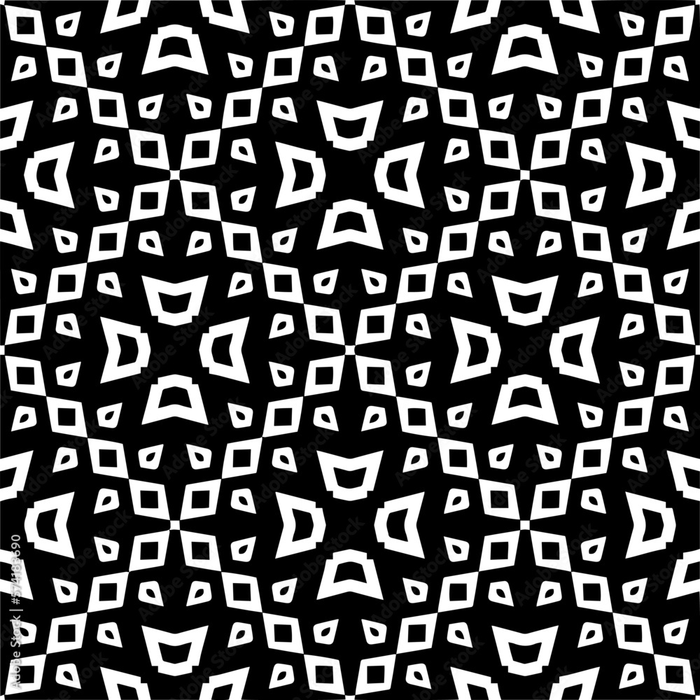 Vector geometric seamless pattern. Minimal ornamental background with abstract shapes. Black and white texture. Simple abstract ornament background. Dark repeat design for decor, fabric, cloth. Vector geometric seamless pattern. Minimal ornamental background with abstract shapes. Black and white texture. Simple abstract ornament background. Dark repeat design for decor, fabric, cloth.