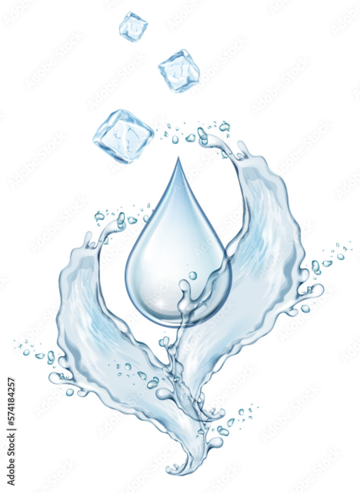 Transparent realistic vector water splash, drop and ice cubes on light ...