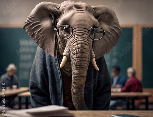 Portrait of Elephant dressed as Teacher in School College  Wild animals in class room. Generative AI