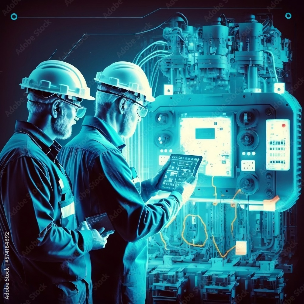 Digitalization of the plant. Industrial engineers use a tablet computer, visualization of big