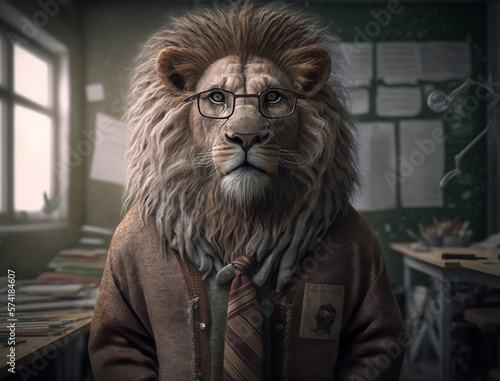 Portrait of Lion dressed as Teacher in School College  Wild animals in class room. Generative AI