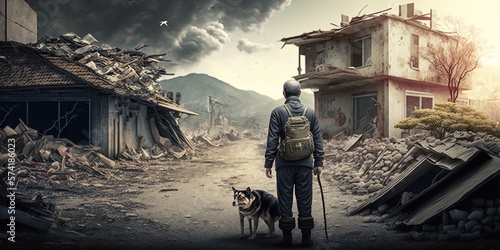 illustration of Man with pet dog background Rubble destruction of houses by ai generative 