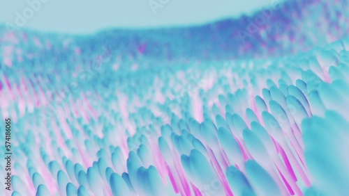 3D animation of a surface made of a large number of pink feather particles. Meditative abstract animation CG