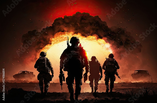 team of soldiers with weapons silhouetted against the sunset on battlefield with explosions. Generative AI