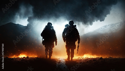 team of soldiers with weapons silhouetted against the sunset on battlefield with explosions. Generative AI © alexkoral