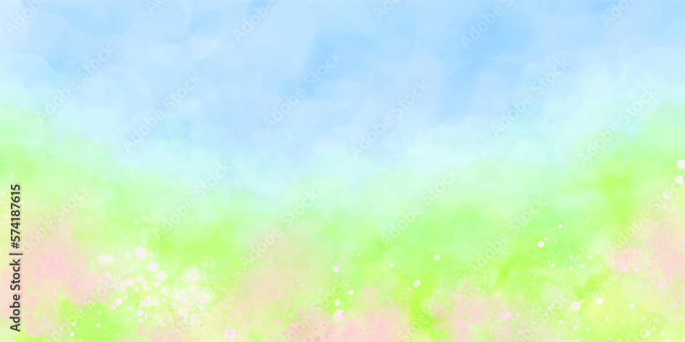 春の花畑と青空 抽象画 水彩イラストレーション背景 イースター, Easter Watercolor Background of Spring Flower Field and Blue Sky - obrazy, fototapety, plakaty 