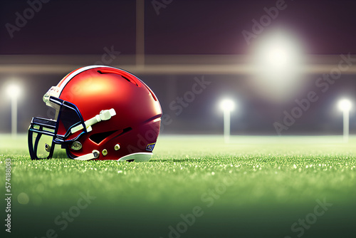 A football helmet on a field. A sports concept in bokeh background. Generative AI. photo