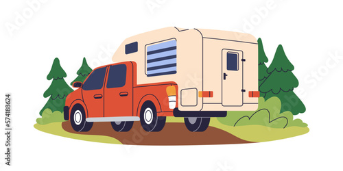Campervan, camper pickup car. Travel camping vehicle, RV. Summer adventure truck transport, recreational auto, inserted motorhome for tourism. Flat vector illustration isolated on white background © Good Studio