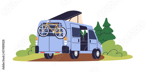 Camper van, travel car. Summer holiday campervan, recreational vehicle. RV transport with bicycle for camping, adventure, vacation in nature. Flat vector illustration isolated on white background