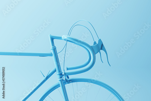 Close up of glossy bicycle handlebar isolated on light blue background. 3D rendering