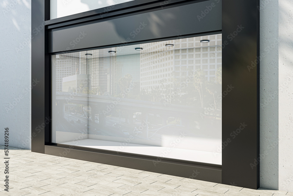 Perspective view on blank light wall background in empty shop window with space for your product presentation behind glass walls with city reflection in modern building outdoors. 3D rendering, mockup Perspective view on blank light wall background in empty shop window with space for your product presentation behind glass walls with city reflection in modern building outdoors. 3D rendering, mockup