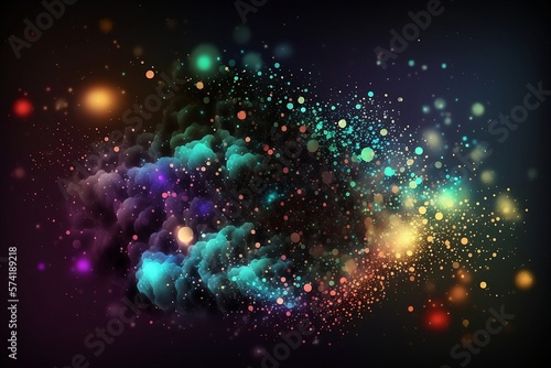Magical neon background with blur and tiny particles, explosions and swirls of glitter and confetti. Abstract dark background. Generative AI