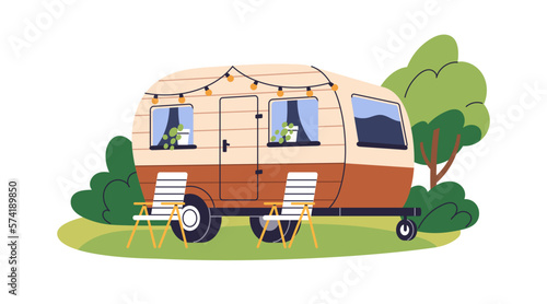 Caravan, camper trailer for summer holiday travel, camping in campervan. RV, recreational vehicle, van, home on wheels and chairs in nature. Flat vector illustration isolated on white background