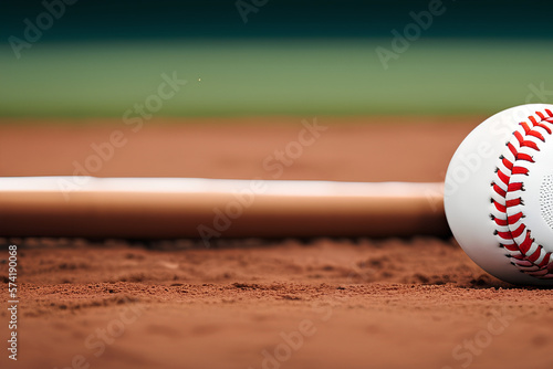 A baseball and a bat on a baseball field. A sports concept in bokeh background. Generative AI. photo