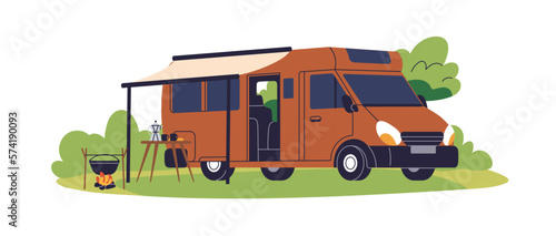 Camping car, travel van. RV, motorhome with tent. Recreational camper vehicle with shelter in nature on summer holiday, outdoor vacation. Flat vector illustration isolated on white background