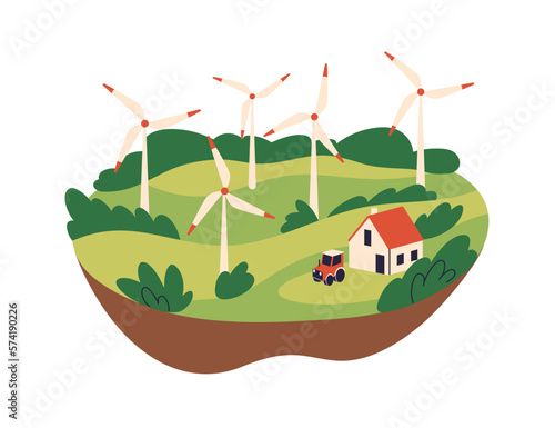 Wind mills, turbines, electric power generators farm. Eco sustainable alternative renewable electricity resource, generation. Windpower. Flat vector illustration isolated on white background